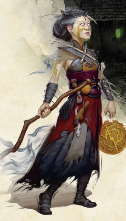 Una Warlock umana dai tratti inquietanti con occhi bianchi ciechi, che brandisce un bastone e un disco di bronzo.