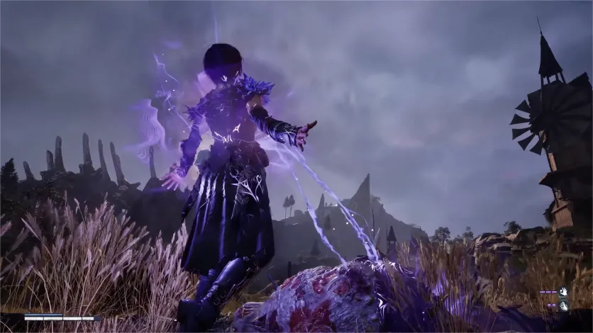 Kaatri lancia un incantesimo viola su un nemico a terra nel videogioco Warlock: Dungeons & Dragons.