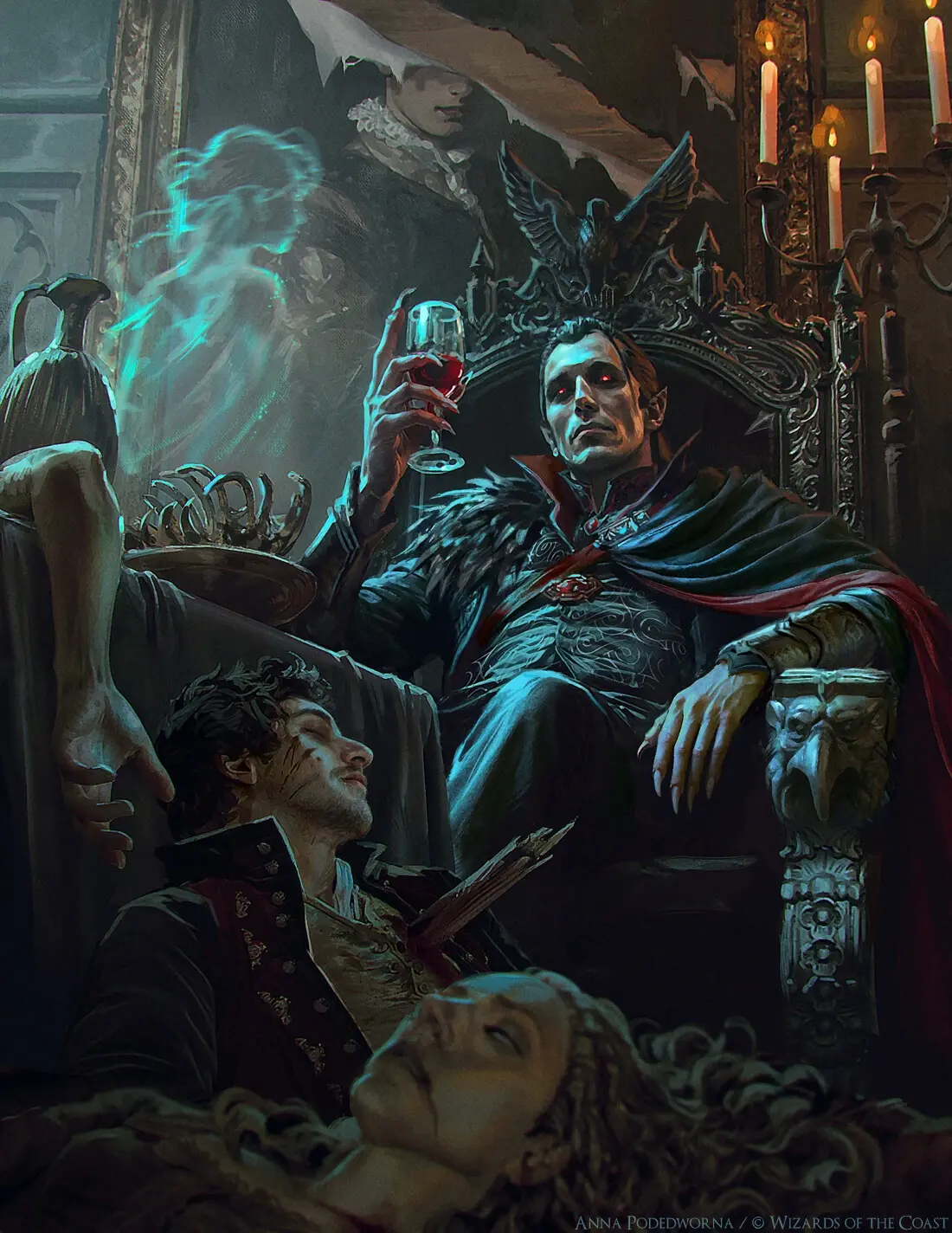 Il vampiro Strahd von Zarovich, dai tratti affilati e occhi rossi, siede sul suo trono oscuro circondato da corpi esanimi e tenendo in mano un calice di sangue.