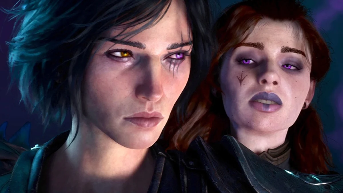 Primo piano della protagonista Kaatri e della sua patrona dai capelli rossi, Tasha, nel videogioco Warlock.