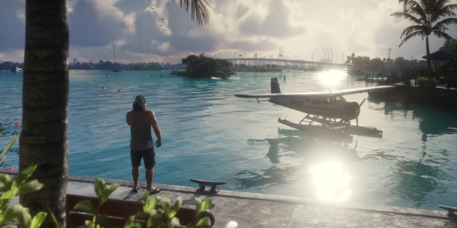 GTA 6, idrovolante attraccato a una banchina tropicale nel trailer di lancio