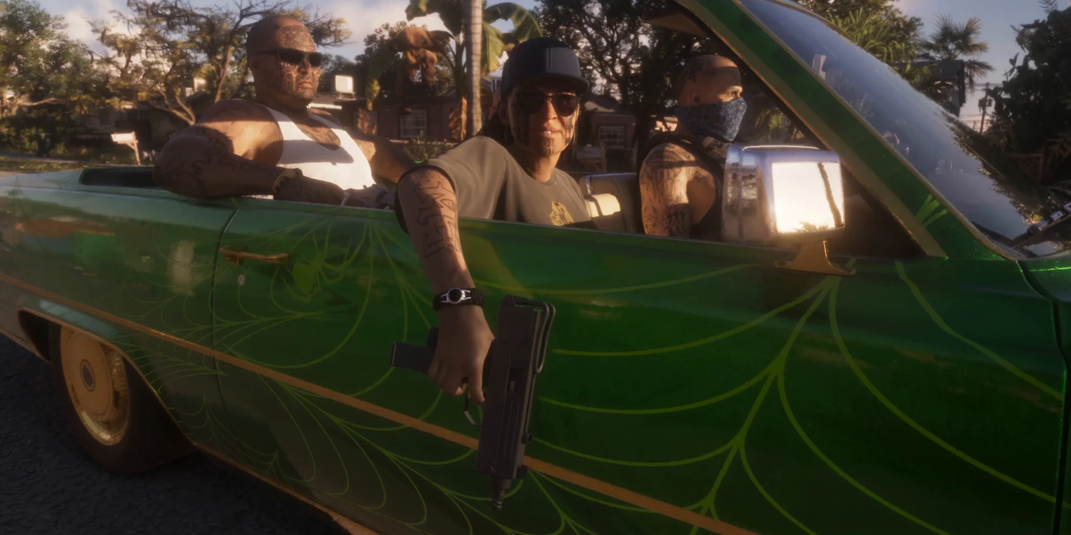 GTA 6, gang a bordo di una lowrider verde con la pistola in vista