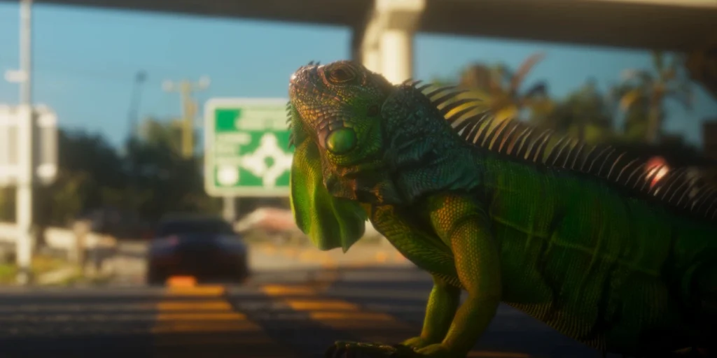 GTA 6 differenze GTA 5, primo piano di un’iguana a bordo strada