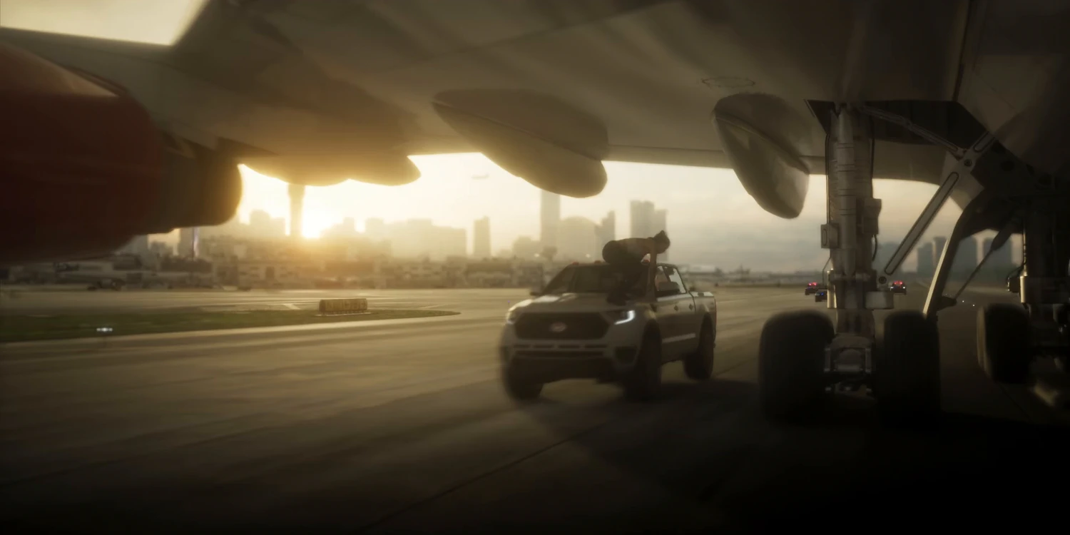 GTA 6, pickup sulla pista che passa sotto un aereo di linea