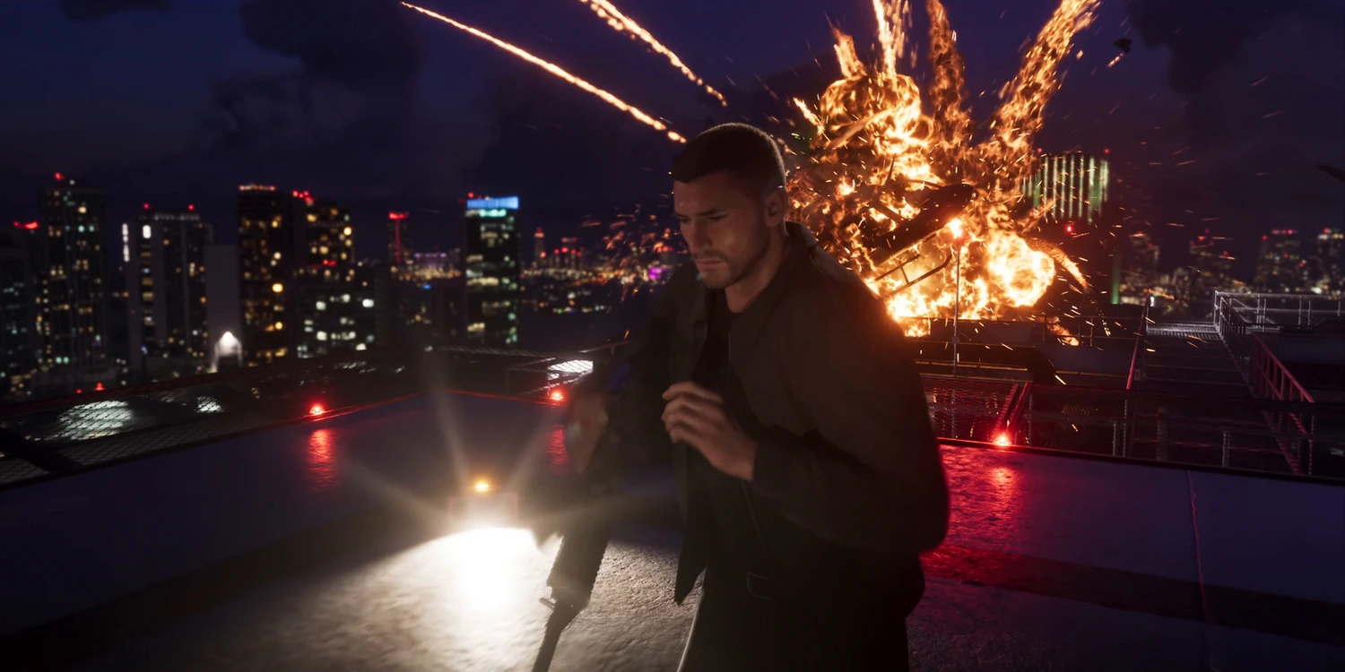 GTA 6, uomo armato su un tetto con un’esplosione alle spalle