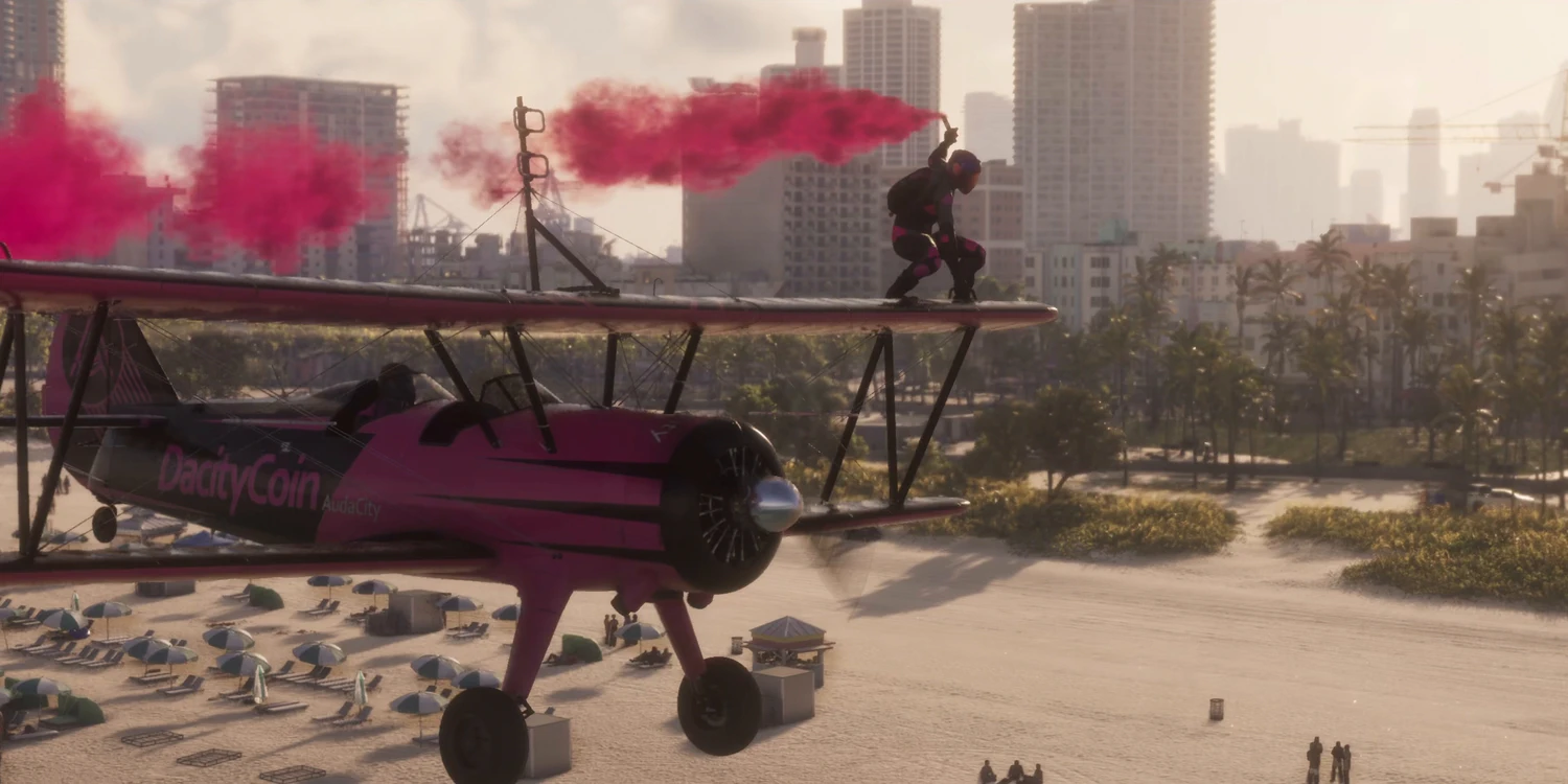GTA 6, biplano con fumo rosa sopra la spiaggia di Vice City