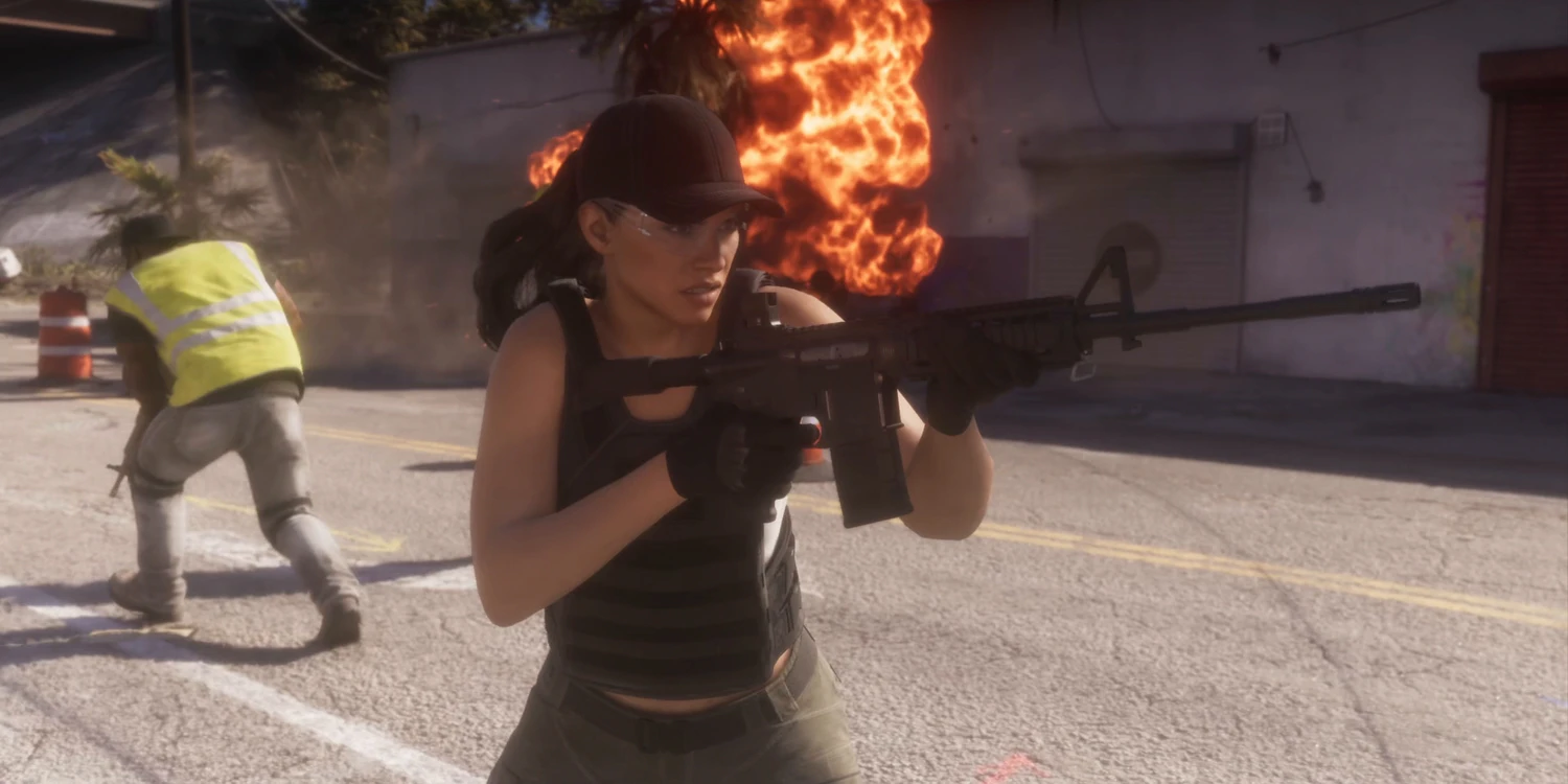 GTA 6 differenze GTA 5, sparatoria in strada con incendio sullo sfondo