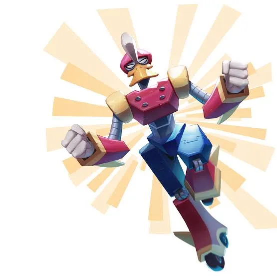 Illustrazione in stile cartone animato della mascotte ufficiale della fiera Gigacon Caserta: un robot antropomorfo dalle sembianze di un'anatra in una posa dinamica ed eroica, con armatura rossa, blu e gialla su sfondo a raggiera.