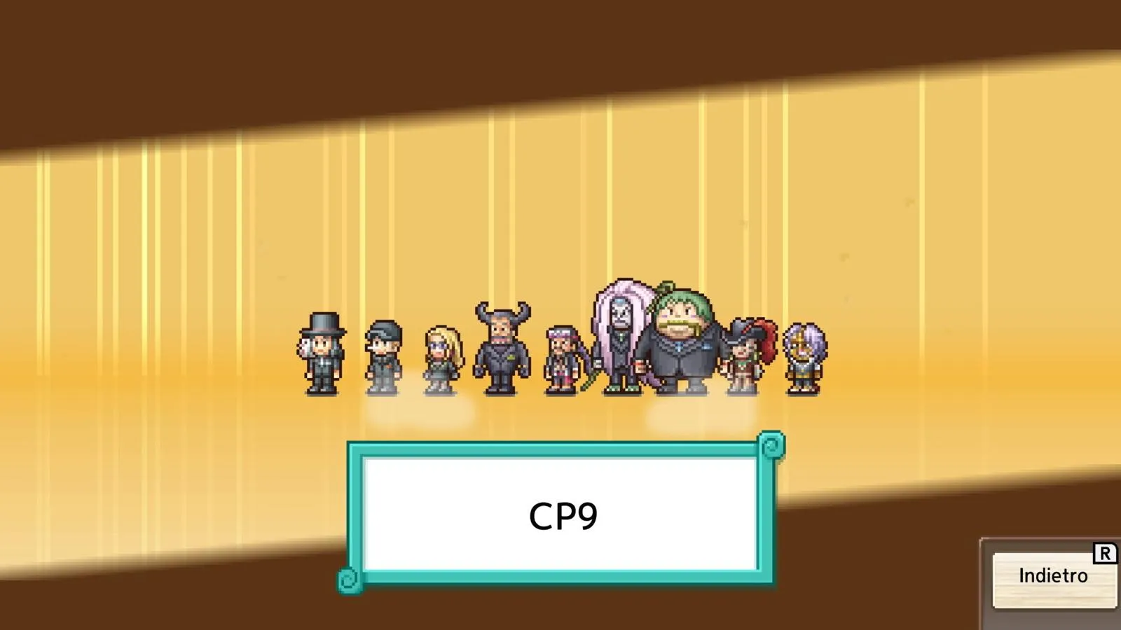 Screenshot di gioco che mostra una selezione di nove piccoli personaggi in pixel art appartenenti alla fazione CP9, con la scritta "CP9".