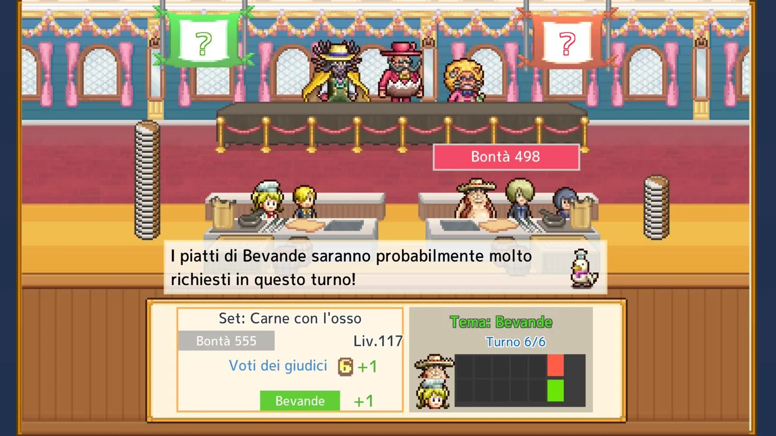 Schermata di una sfida di cucina nel gioco, con i personaggi ai banconi e una giuria sul palco sotto i festoni, accompagnata da testi d'interfaccia in italiano.
