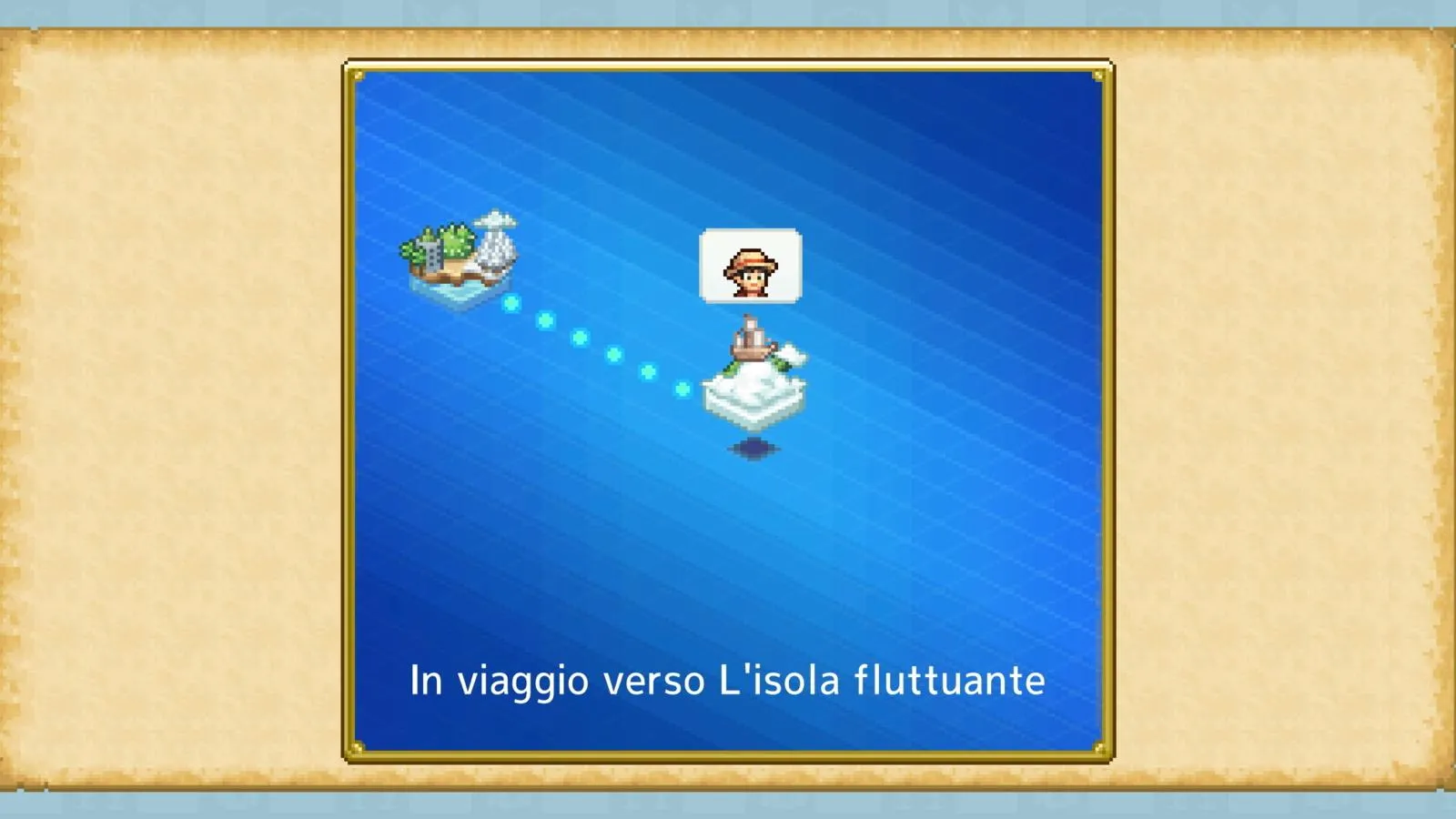 Schermata di mappa stilizzata in pixel art su sfondo blu, che mostra il tragitto di una nave verso un'isola fluttuante con l'icona di Rufy e la scritta "In viaggio verso L'isola fluttuante".