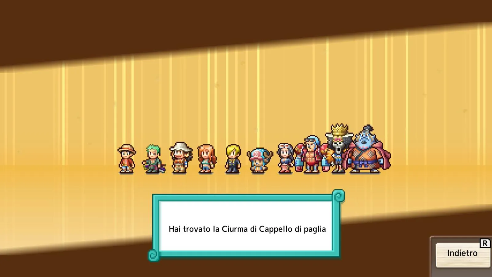 Schermata di gioco che mostra dieci piccoli personaggi della ciurma di Cappello di Paglia in fila, con un box di testo che dice "Hai trovato la Ciurma di Cappello di paglia".
