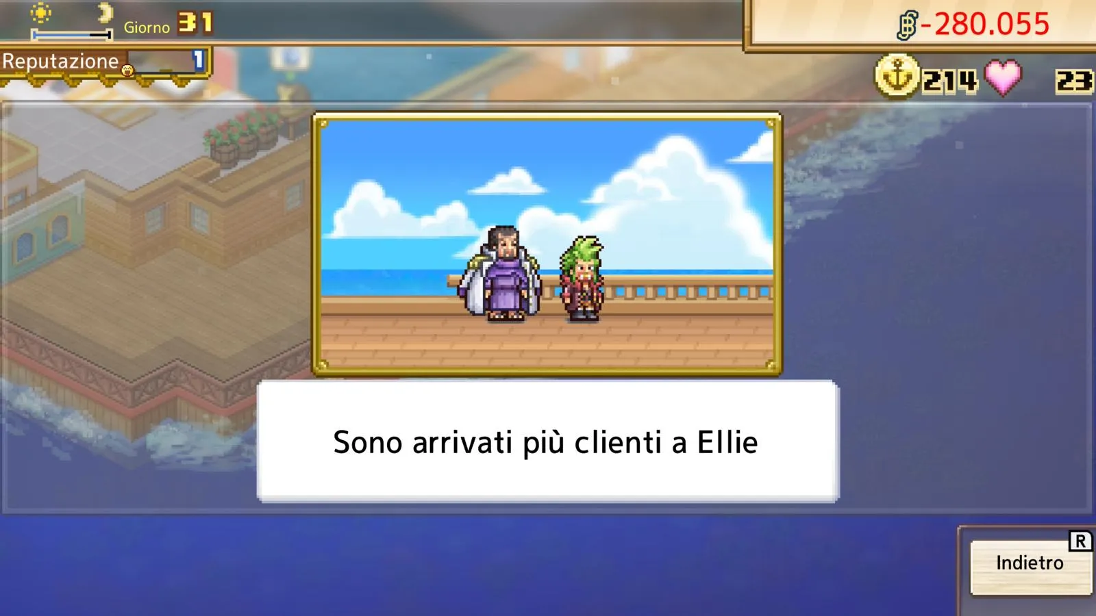 Schermata d'interfaccia che mostra un'illustrazione in pixel art di un ammiraglio della Marina e di Bartolomeo sul ponte di una nave, con la scritta "Sono arrivati più clienti a Ellie".