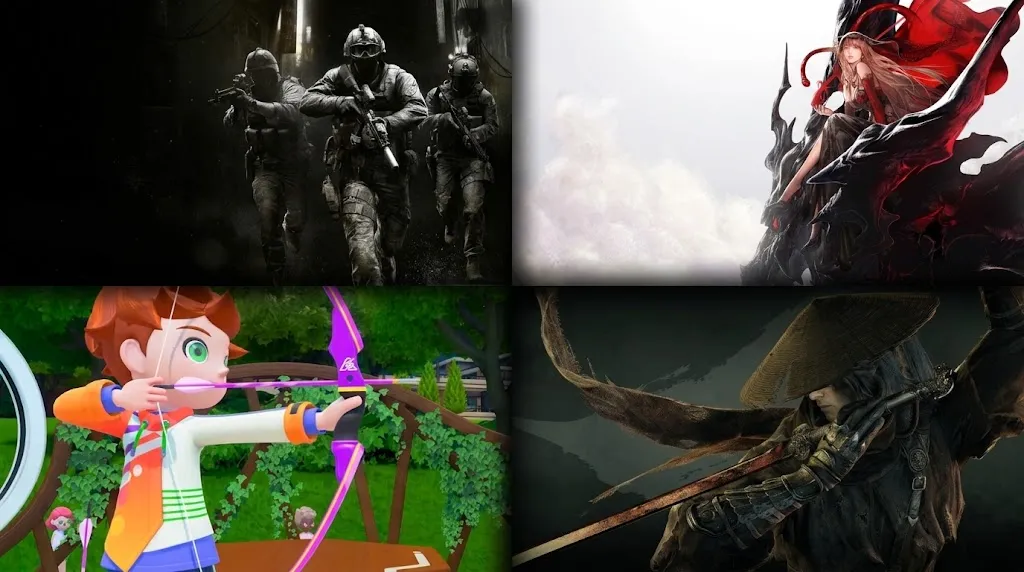 Un'immagine collage divisa in quattro parti con scene di videogiochi in uscita a ottobre 2026: soldati in azione al buio, un'illustrazione fantasy con una ragazza su un drago, un arciere 3D colorato e un guerriero in stile ronin con spada e cappello di paglia.
