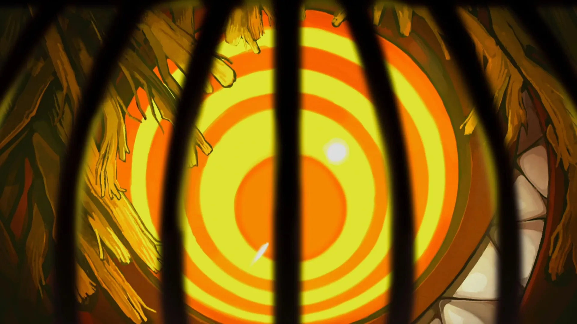 Un grande e inquietante occhio giallo e arancione, dai contorni accesi, fissa lo spettatore attraverso le sbarre di una struttura in legno o paglia.