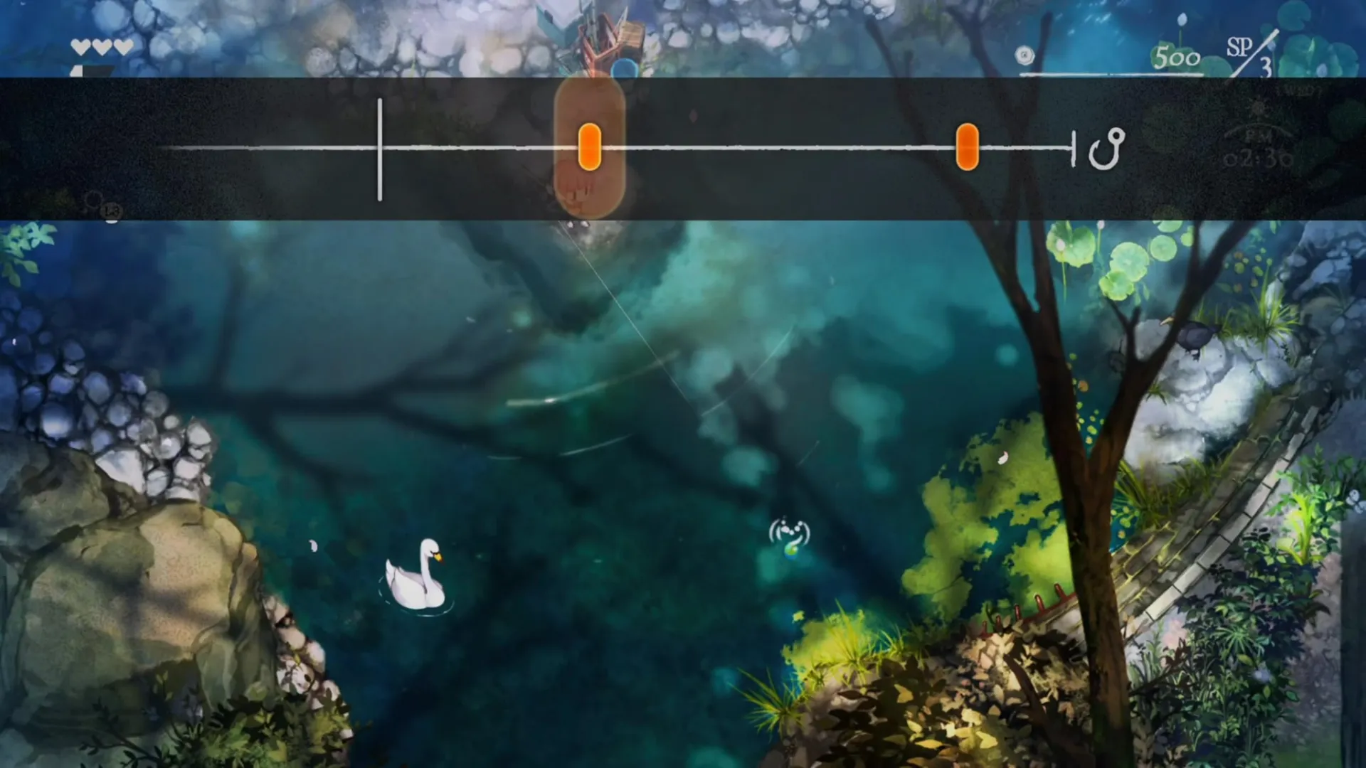 Un minigioco di pesca in cui il personaggio è sul bordo di un fiume popolato da cigni; al centro dello schermo c'è una barra con un cursore per la cattura del pesce.
