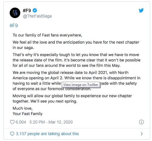Fast and Furious 9, posticipata l’uscita di 1 anno per Coronavirus - immagine 1 dell'articolo